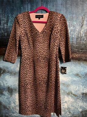 Donna Ricco Leopard-Print Midi Dress in Brown and Black with a soft shimmer
